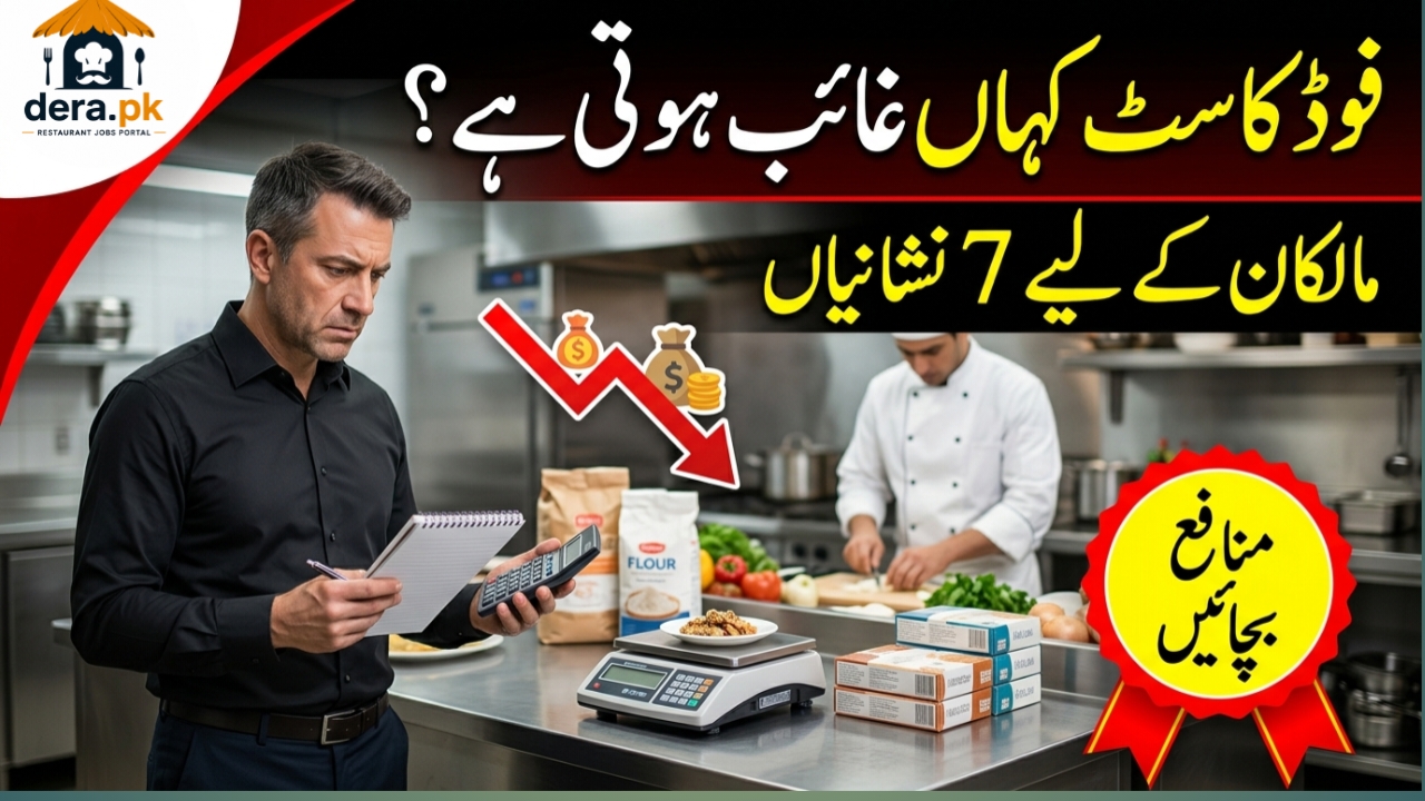 ریسٹورنٹ کچن میں فوڈ کاسٹ کی نگرانی کرتا ہوا مالک اور شیف
