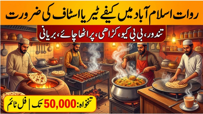 Cafeteria Staff Jobs in Rawat Islamabad hiring banner for tandoor BBQ karahi paratha chai and biryani cooks