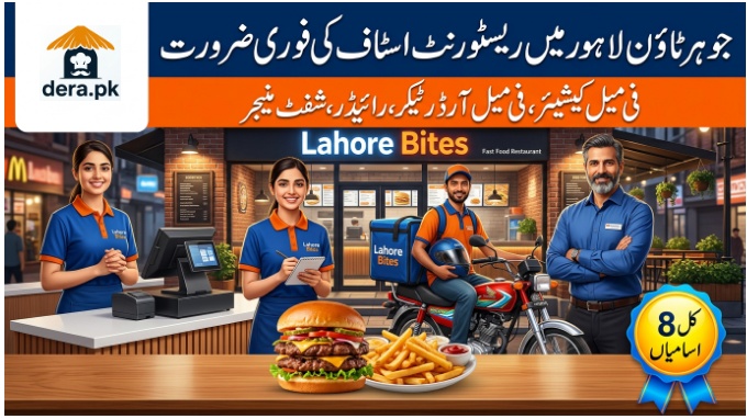 Cashier and Order Taker Jobs in Johar Town Lahore Drippin Restaurant urgent hiring flyer with 8 vacancies