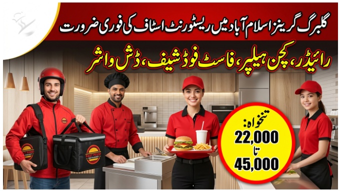Fast Food Chef and Rider Jobs in Gulberg Greens Islamabad urgent hiring flyer with salary for rider kitchen helper chef and dishwasher