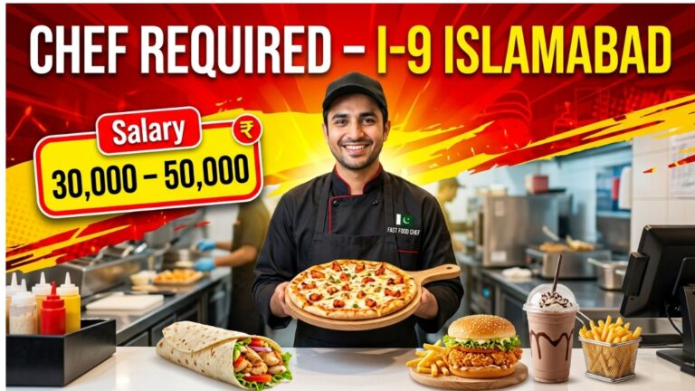 Fast Food Chef Jobs in I-9 Islamabad hiring banner for pizza zinger shawarma tikka and milk shake chef