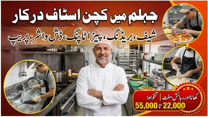 Kitchen Staff Jobs in Jhelum hiring banner for chef supervisor breading pizza topping dishwasher and prep staff