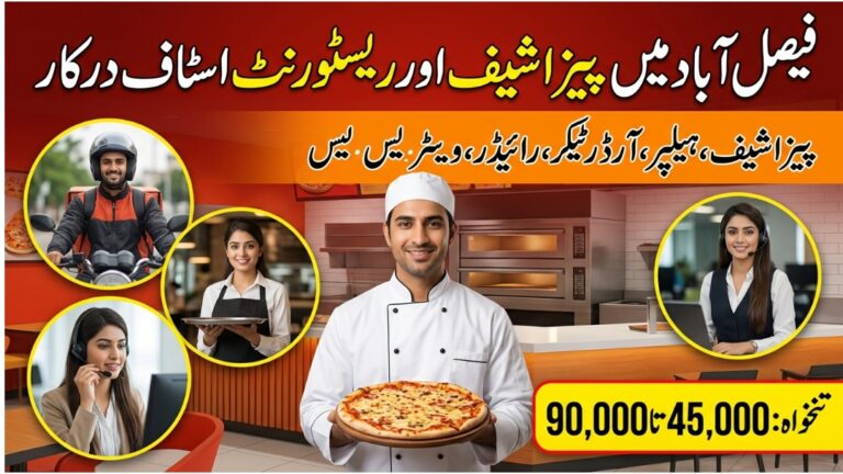 Pizza Chef and Restaurant Staff Jobs in Faisalabad Gulfishan Colony hiring banner with salary 45000 to 90000